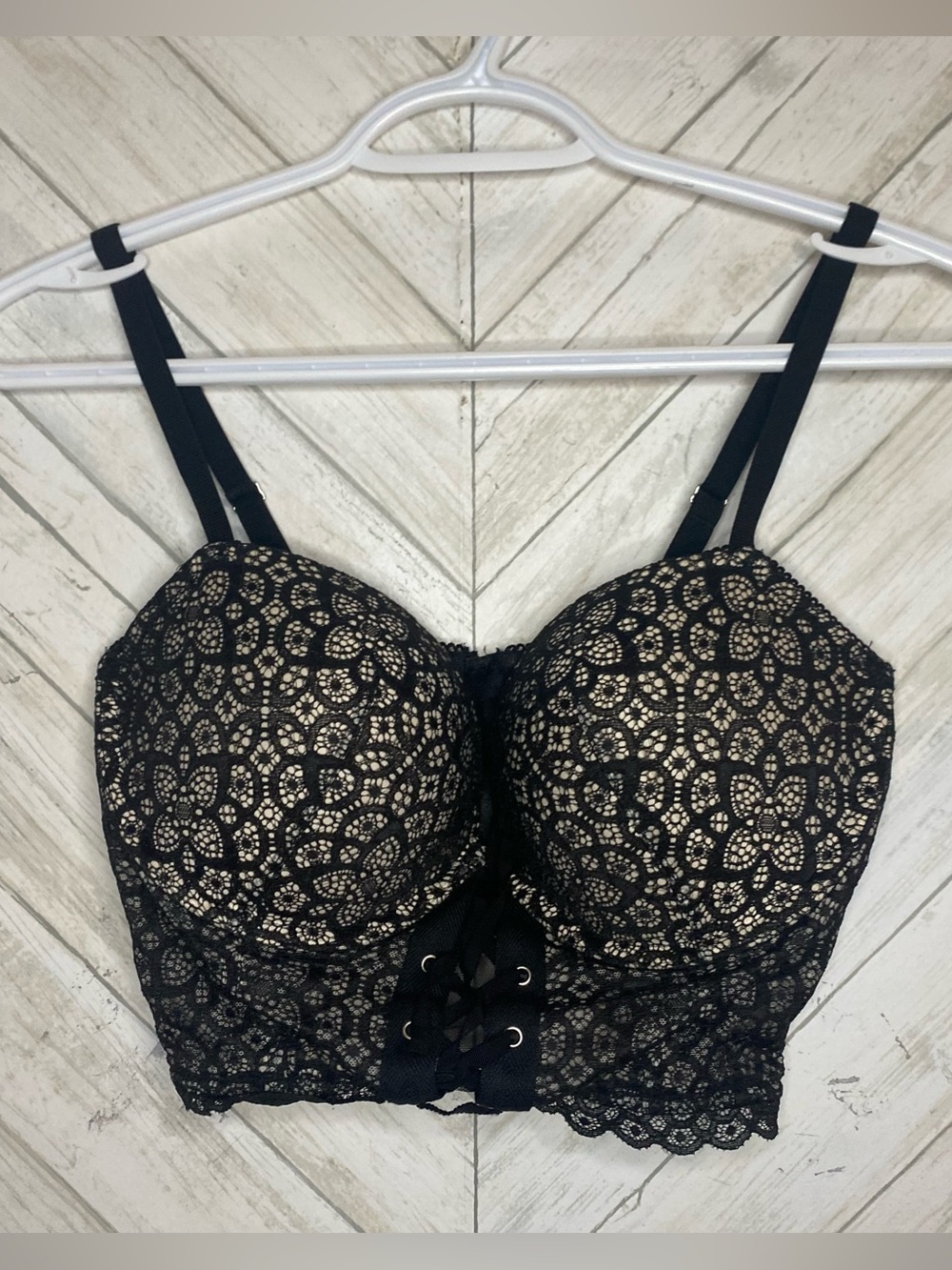 Victoria's Secret Black Lace Longline Bustier Bra with Nude Lining